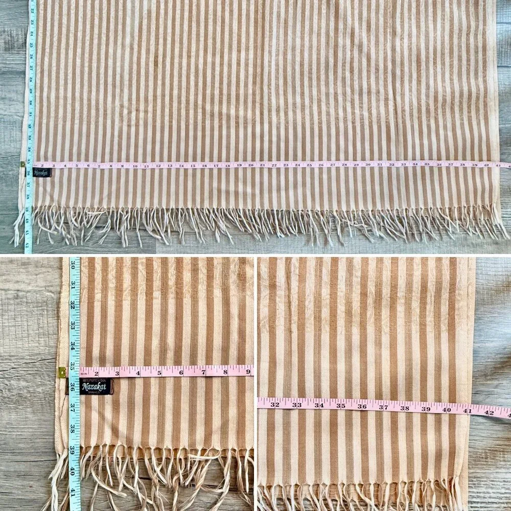 Nazakat 100% Pure Wool Beige and White Striped Shawl with Paisley Detail